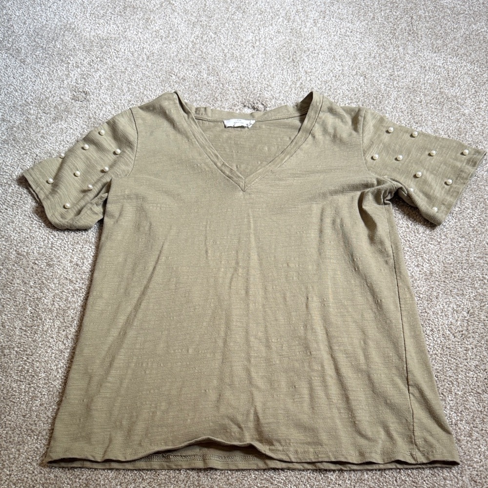 Entro Khaki V-Neck Top with Studded Sleeves